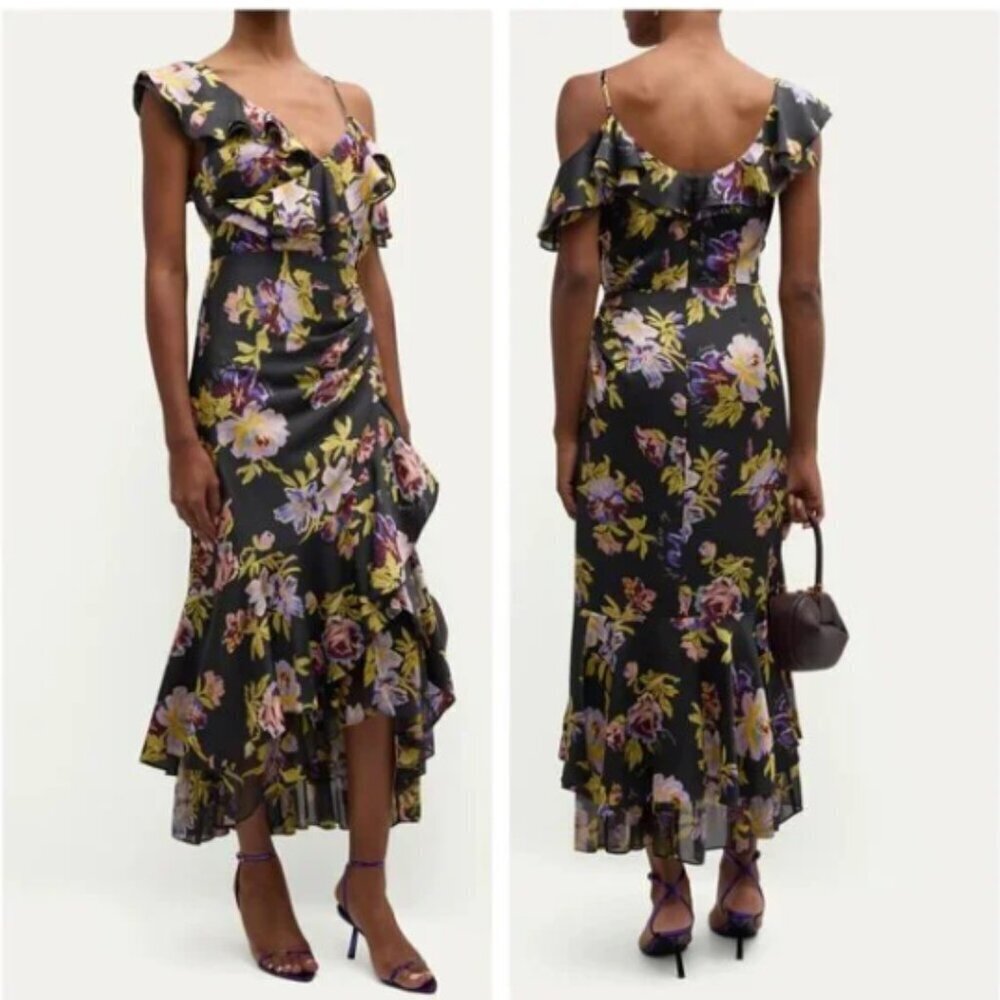 Cinq a Sept Nara One-Shoulder Ruffled Floral Midi Dress size 6 assymetrical NWT